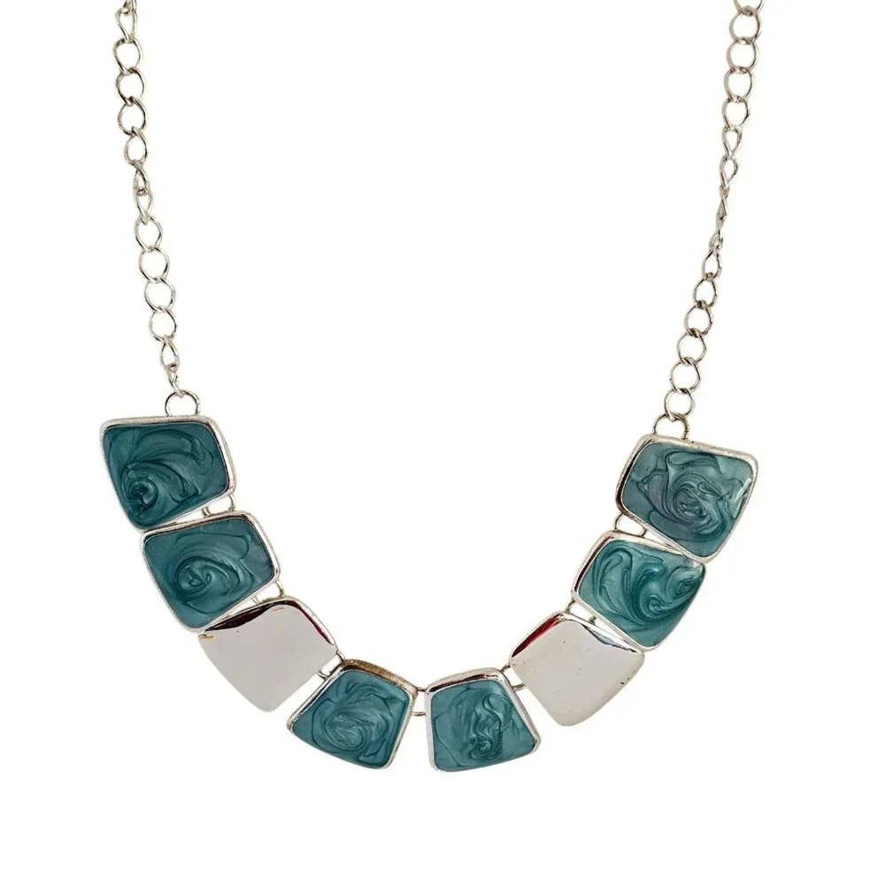 Teal Blue Enamel Silver Tone Geometric Statement Necklace Matching Bracelet